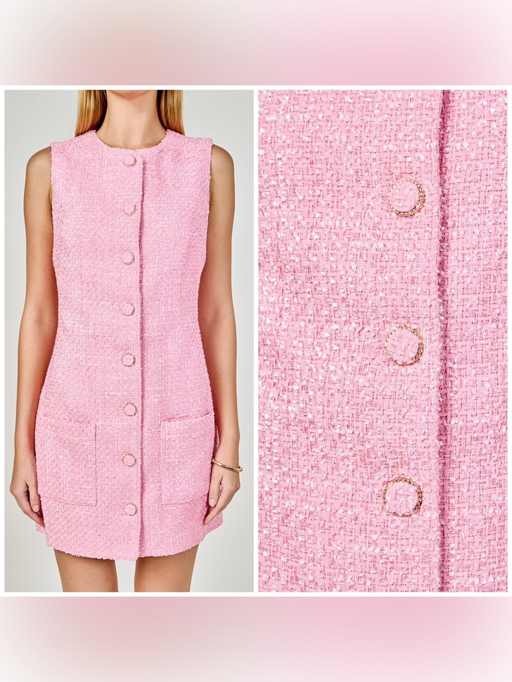 Endless Rose Pink Tweed Mini Dress Sleeveless Button Front Pockets Size Large - Picture 2 of 12